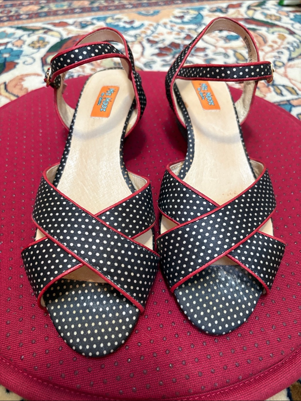 Miz Mooz Black Polka Dot Crisscross Sandals with Red Trim